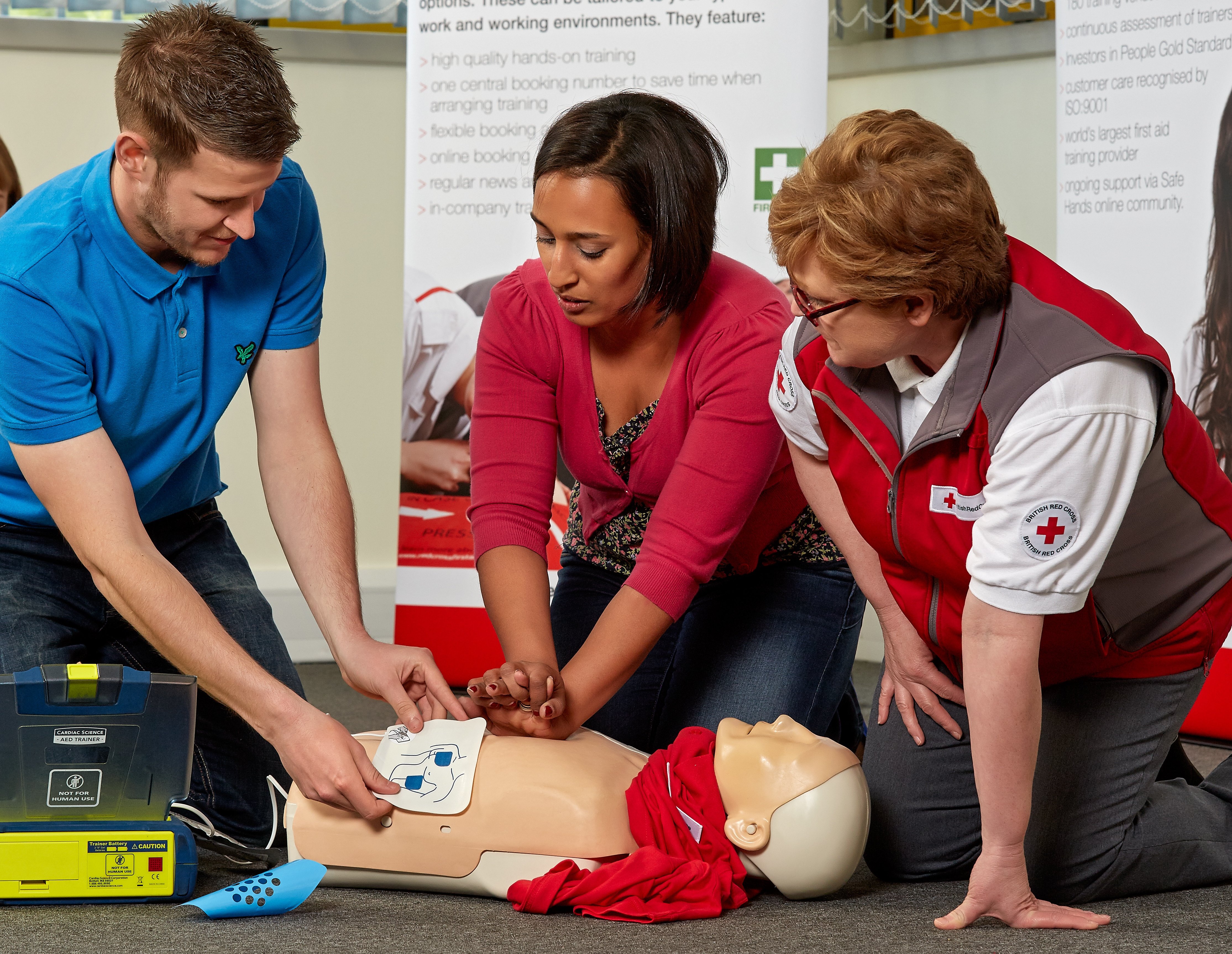 First aiders learning about CPR and AEDs